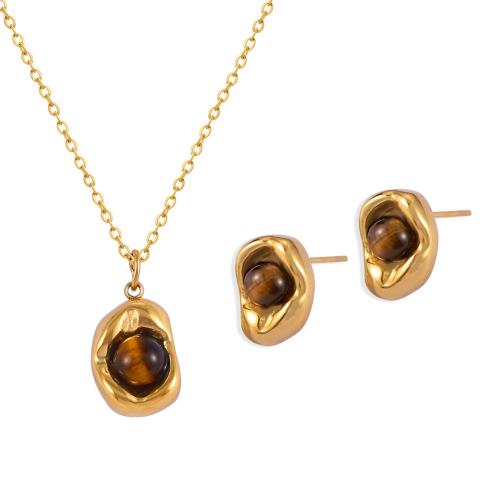 Jewelry Sets Titanium Steel with Tiger Eye with 6cm extender chain fashion jewelry & for woman pendant 13.5*8mm stud earring 11.7*8mm Length Approx 40 cm Sold By PC
