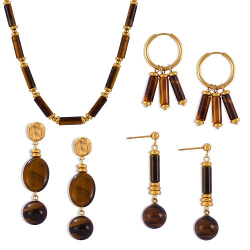 Zestawy biżuterii, Titantium stali, ze Tygrysie oko, biżuteria moda & różne style do wyboru & dla kobiety, złoty, sprzedane przez PC