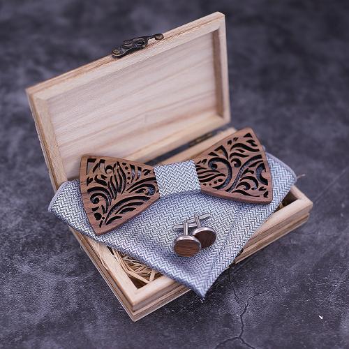 Bow Tie Walnut wood Square Scarf & Bow Ties & cufflink with Cloth & 304 Stainless Steel three pieces & for man Bow x Sold By Set