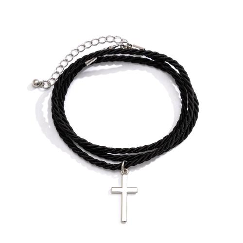alliage de zinc bracelet, avec corde de coton, avec 1.9inch chaînes de rallonge, croix, Placage de couleur platine, multicouche & tressé & pour homme, Longueur Environ 17.7 pouce, Vendu par PC