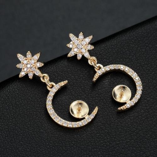 Brass Earring Stud Component Moon and Star DIY & micro pave cubic zirconia nickel lead & cadmium free Sold By Pair
