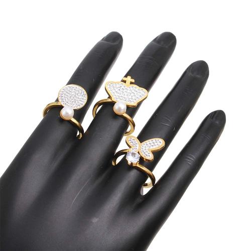 Rhinestone Stainless Steel Finger Ring 304 Stainless Steel plated fashion jewelry & with rhinestone golden Box ring ring number mixed 16-20 Sold By Box