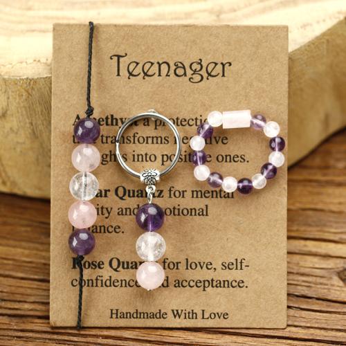 Jewelry Sets Clear Quartz with Amethyst & 304 Stainless Steel handmade fashion jewelry & Unisex Bracelet 29cm; Key chain 5cm; Ring adjustable size. Sold By PC