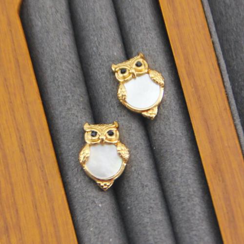 Cubic Zirconia Micro Pave Brass Earring with Shell Owl plated & micro pave cubic zirconia & for woman golden Sold By Pair