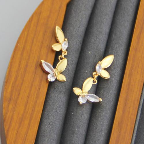 Cubic Zirconia Micro Pave Brass Earring Butterfly plated & micro pave cubic zirconia & for woman golden Sold By Pair
