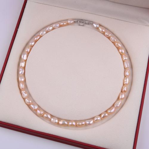 Natural Freshwater Pearl Necklace with Zinc Alloy Keshi silver color plated fashion jewelry & Unisex pink Length about 7-8mm Length Approx 31-40 cm Sold By PC