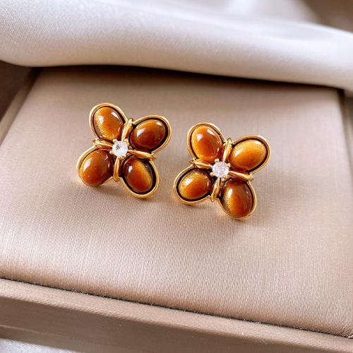 Cubic Zirconia Micro Pave Brass Earring with Tiger Eye Flower plated fashion jewelry & micro pave cubic zirconia coffee color nickel lead & cadmium free Sold By Pair