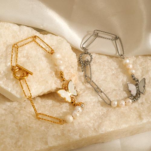 Nerezová ocel šperky náramek, 304 Stainless Steel, s Plastové Pearl, Motýl, módní šperky, více barev na výběr, Délka 213 mm, Prodáno By PC