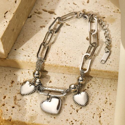 Nerezová ocel šperky náramek, 304 Stainless Steel, s 45mm extender řetězce, Srdce, módní šperky, stříbro, Délka 175 mm, Prodáno By PC