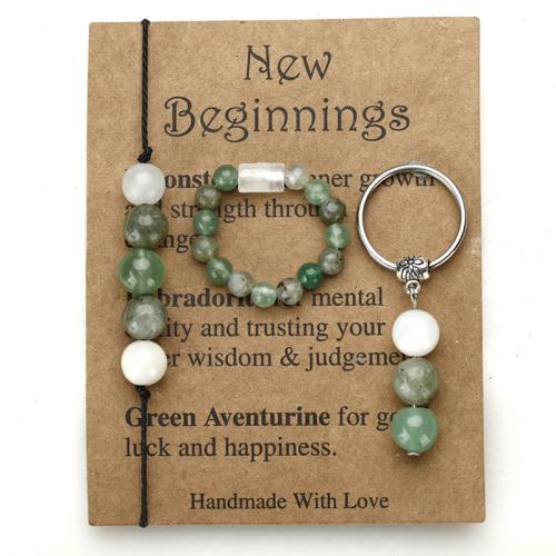 Natural Gemstone Jewelry Sets Green Aventurine with Labradorite & 304 Stainless Steel handmade fashion jewelry & Unisex Bracelet 29cm; Key chain 5cm; Ring adjustable size. Sold By PC