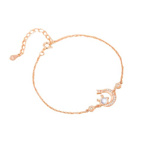 925 Sterling Silver Bangle Bracelet with Moonstone with 4CM extender chain micro pave cubic zirconia & for woman rose gold color Length Approx 15.5 cm Sold By PC