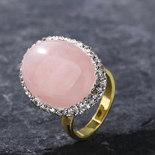 Brass Finger Ring with Rhinestone Clay Pave & Rose Quartz Oval gold color plated fashion jewelry & for woman pink nickel lead & cadmium free Inner Approx 19mm Sold By PC