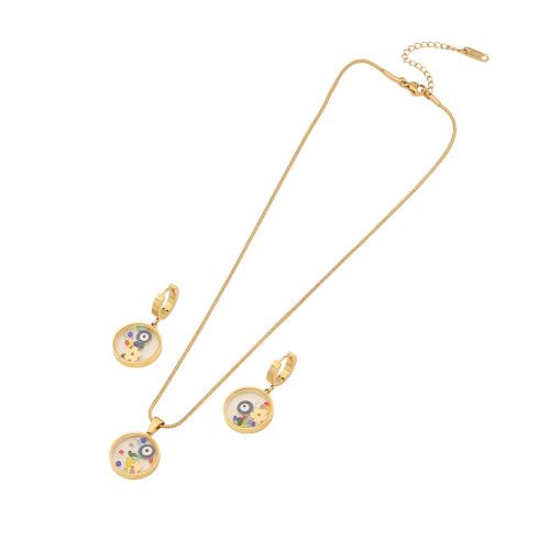 304 Stainless Steel Jewelry Set earring & necklace with Glass with 2inch extender chain gold color plated 2 pieces & for woman & enamel Length Approx 15.7 Inch Sold By Set