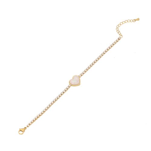 304 Stainless Steel Bracelet with White Shell with 1.6inch extender chain gold color plated & for woman & with rhinestone Length Approx 6.3 Inch Sold By PC