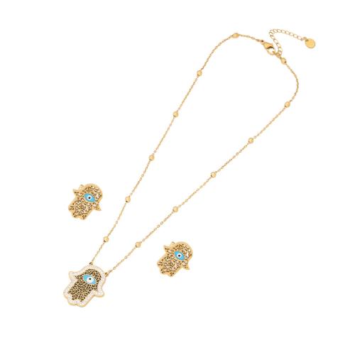 304 Stainless Steel Jewelry Set earring & necklace with Turquoise with 2inch extender chain gold color plated 2 pieces & for woman & enamel Length Approx 15.7 Inch Sold By Set