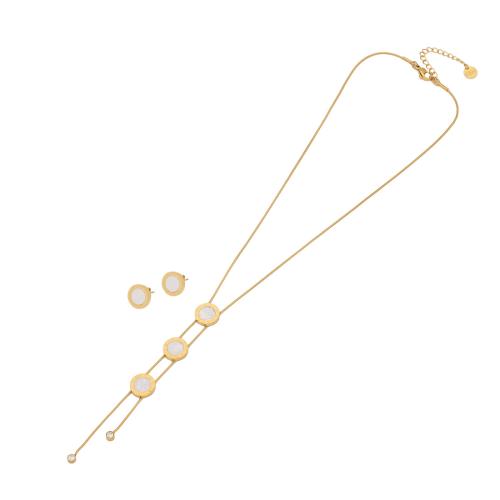 304 Stainless Steel Jewelry Set Stud Earring & necklace with White Shell with 2inch extender chain Flat Round gold color plated 2 pieces & for woman Length Approx 15.7 Inch Sold By Set