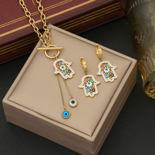304 Stainless Steel Jewelry Set Hamsa gold color plated & for woman & enamel & with rhinestone Sold By PC