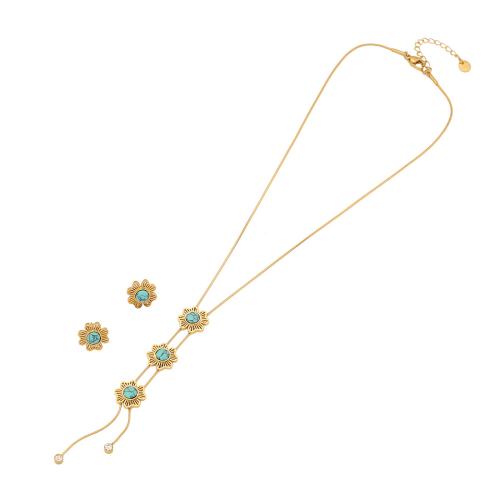 304 Stainless Steel Jewelry Set Stud Earring & necklace with turquoise with 2inch extender chain Flower gold color plated 2 pieces & for woman Length Approx 15.7 Inch Sold By Set