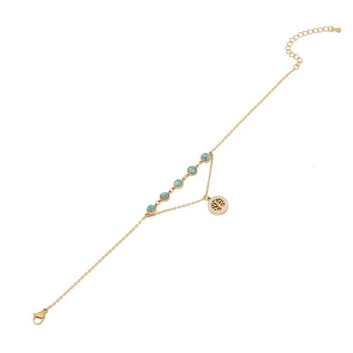 304 Stainless Steel Anklet with turquoise with 1.6inch extender chain gold color plated & for woman & enamel & with rhinestone Length Approx 8.3 Inch Sold By PC