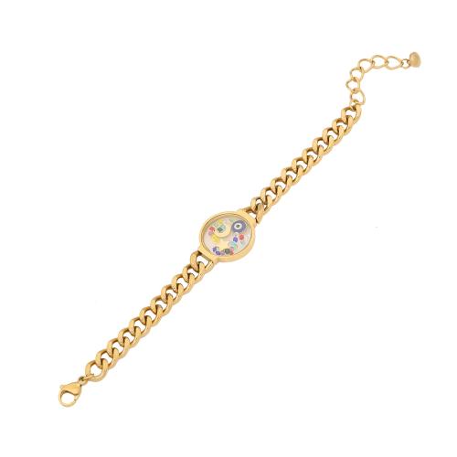 304 Stainless Steel Bracelet with Glass with 1.6inch extender chain Flat Round gold color plated & for woman & enamel Length Approx 6.7 Inch Sold By PC