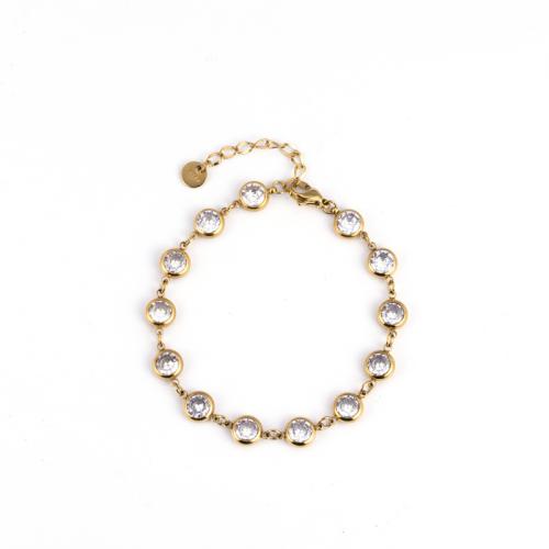 Bracelet d'acier titane, avec 5cm chaînes de rallonge, bijoux de mode & pavé de micro zircon & pour femme, doré, Longueur Environ 17 cm, Vendu par PC