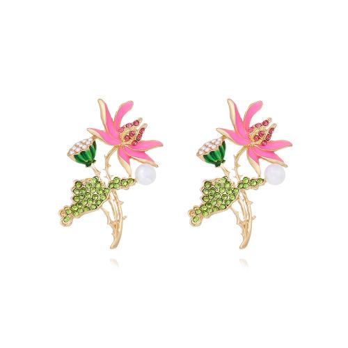 Zinc Alloy Stud Earring with Plastic Pearl Flower plated fashion jewelry & enamel & with rhinestone multi-colored nickel lead & cadmium free Sold By Pair