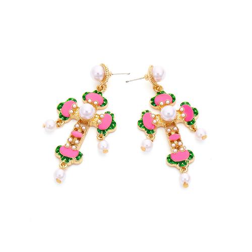 Zinc Alloy Drop Earrings with Plastic Pearl Cross plated fashion jewelry & enamel multi-colored nickel lead & cadmium free Sold By Pair