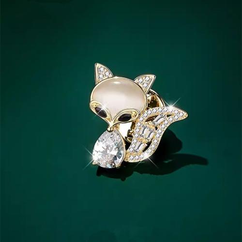 Broches de liga de zinco, with Pedra olho de gato & cristal, Raposa, banhado, para mulher, dourado, 30x30mm, vendido por PC
