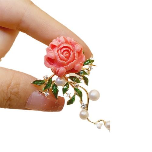 Zinc Alloy Brooches with Resin & Plastic Pearl Tree Paeony plated for woman & enamel & with rhinestone pink Sold By PC