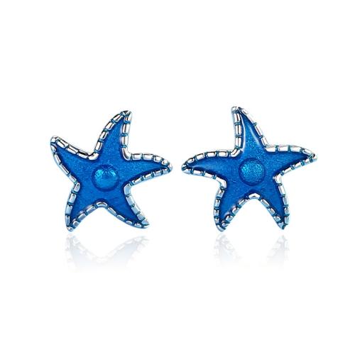Boucle d'oreille bijoux en argent sterling, argent sterling 925, étoile de mer, pour femme & autocollant époxyde, bleu, 9x9mm, Vendu par paire