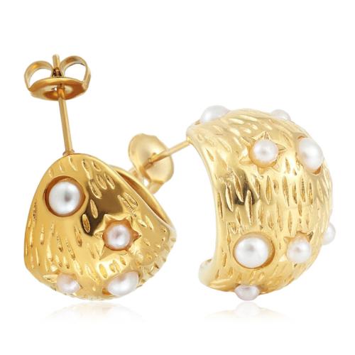 Titanium Steel  Earring with Plastic Pearl plated for woman golden Sold By Pair