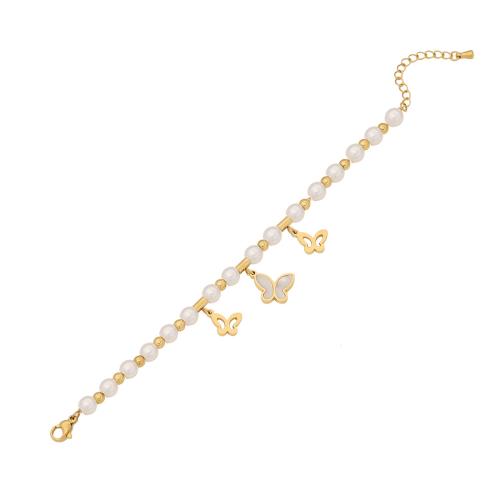 304 Stainless Steel Bracelet with turquoise & Plastic Pearl with 1.6inch extender chain gold color plated & for woman Length Approx 6.5 Inch Sold By PC