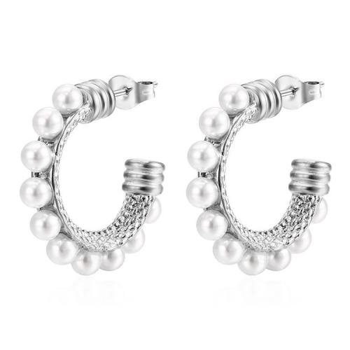Roestvrij staal Stud Earrings, 304 roestvrij staal, met Plastic Pearl, Letter C, mode sieraden & voor vrouw, meer kleuren voor de keuze, 24.50x25.20mm, Verkocht door pair