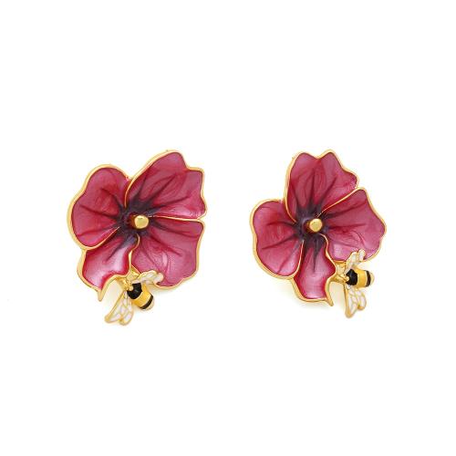Zinc Alloy Stud Earring Flower plated fashion jewelry & enamel red nickel lead & cadmium free Sold By Pair