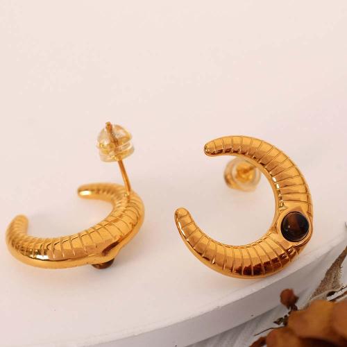 Titanium Staal Earring, met Glazen kralen & Tiger Eye, Maan, plated, mode sieraden, gouden, 19x21mm, Verkocht door pair