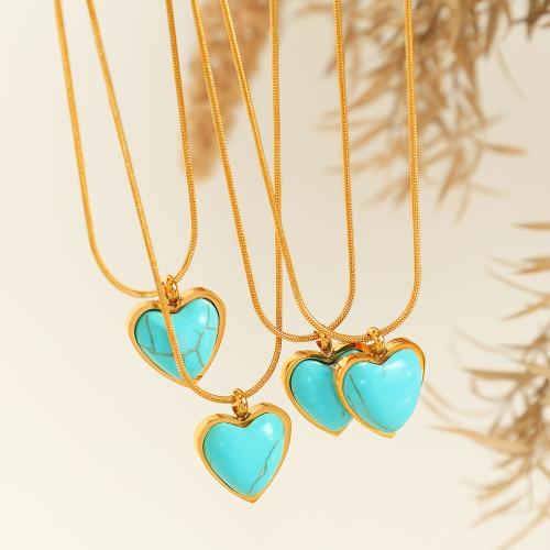 Titanium Steel Necklace with turquoise with 5cm extender chain Heart plated fashion jewelry golden Length 45 cm Sold By PC