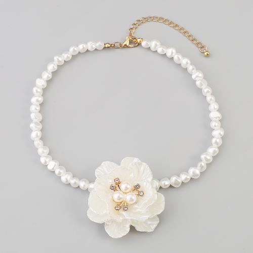 Plastic Pearl Necklace handmade fashion jewelry & for woman & with rhinestone white Length 14.-16.9 Inch Sold By PC