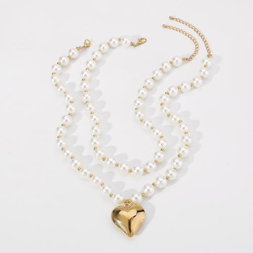 Collier de perles en plastique, alliage de zinc, avec perle de plastique, fait à la main, Double couche & bijoux de mode & pour femme, blanc, Longueur 19.3-22 pouce, Vendu par PC