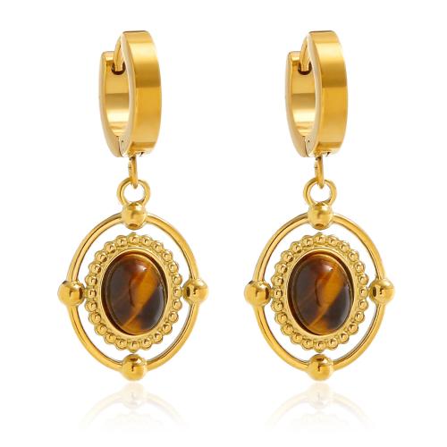 Huggie Hoop Drop Earring 304 Stainless Steel with Tiger Eye plated for woman golden Sold By Pair