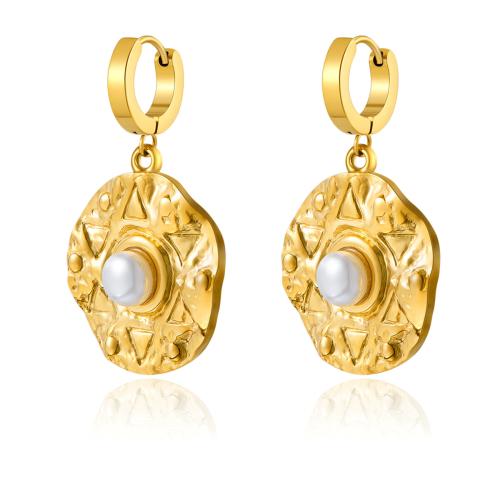 Huggie Hoop Drop Earring 316 Stainless Steel with Plastic Pearl plated for woman golden Sold By Pair