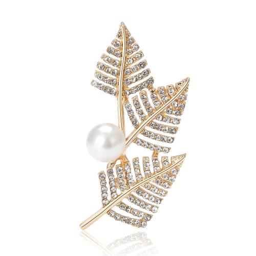 Zinc Alloy Brooches with Plastic Pearl Leaf plated fashion jewelry & for woman & with rhinestone nickel lead & cadmium free Sold By PC