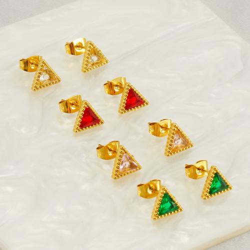 Stainless Steel Stud Earrings 304 Stainless Steel Triangle 18K gold plated fashion jewelry & micro pave cubic zirconia & for woman 7mm Sold By Pair