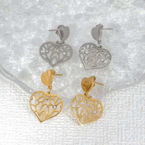 Stainless Steel Drop Earring 304 Stainless Steel Heart Vacuum Ion Plating fashion jewelry & for woman & with rhinestone Sold By Pair