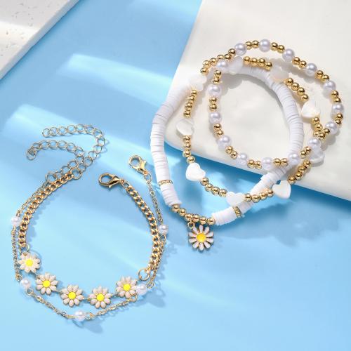 Zinc Alloy Bracelet with Polymer Clay & Plastic Pearl with 5CM extender chain gold color plated for woman mixed colors nickel lead & cadmium free Length 17 cm Sold By Set