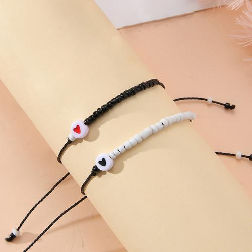 Trendy Wax cord armbanden, Seedbead, met Wax & Acryl, handgemaakt, 2 stuks & uniseks, wit en zwart, Lengte Ca 16-28 cm, Verkocht door PC
