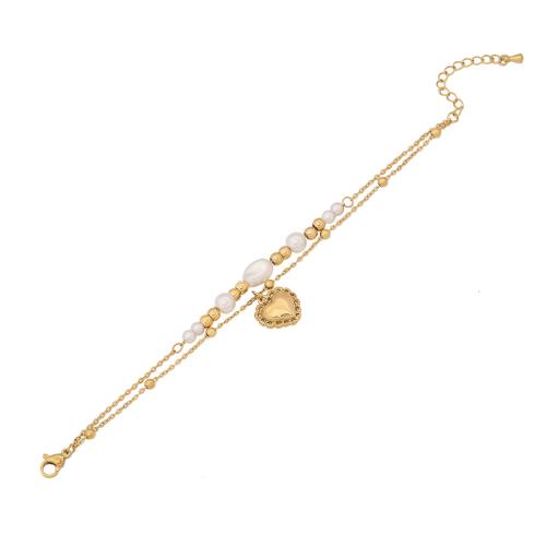 304 Stainless Steel Bracelet with Plastic Pearl with 1.6inch extender chain gold color plated Double Layer & for woman & with rhinestone Length Approx 6.3 Inch Sold By PC