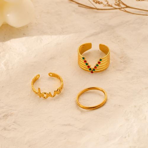 Stainless Steel Finger Ring 304 Stainless Steel Vacuum Ion Plating three pieces & fashion jewelry & for woman golden Sold By Set