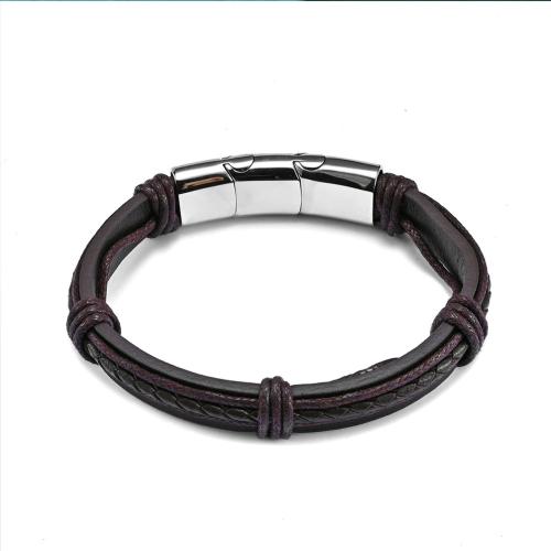 PU Cord Armband, med 304 rostfritt stål, folkliga stil & för människan, brun, Längd 22 cm, Säljs av PC