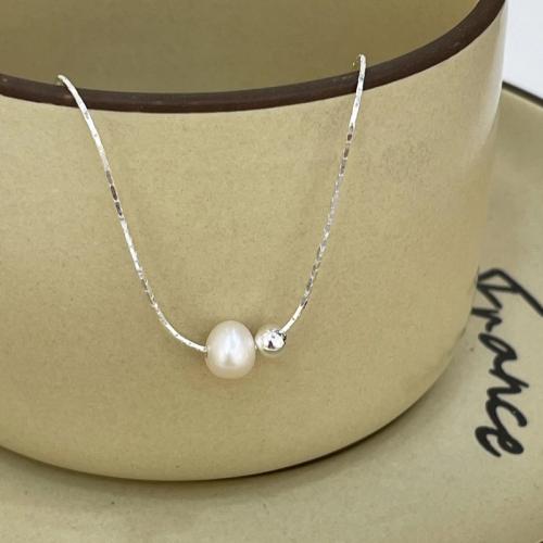 925 Sterling Stříbrný perlový náhrdelník, 925 Sterling Silver, s Sladkovodní Pearl, módní šperky & pro ženy, Délka Cca 40 cm, Prodáno By PC