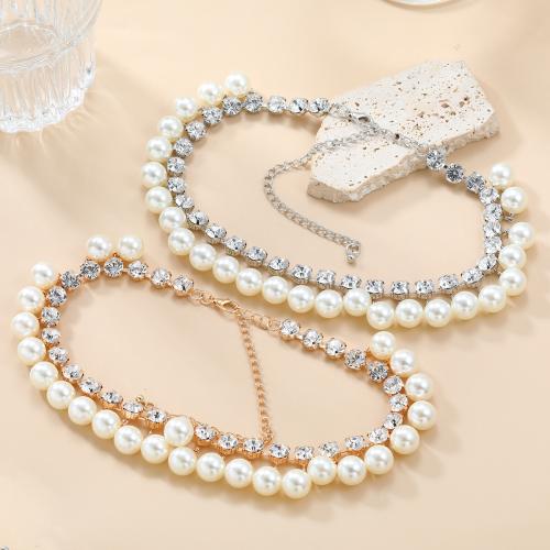 Zinc Alloy Jewelry Necklace with Plastic Pearl with 5.51 Inch extender chain Double Layer & fashion jewelry & for woman & with rhinestone Length 14.29 Inch Sold By PC